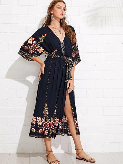Tribal Print Surplice Belted Split Dress Periwinkley Shop