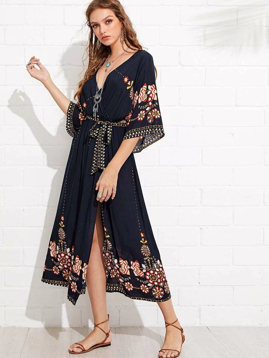 Tribal Print Surplice Belted Split Dress Periwinkley Shop