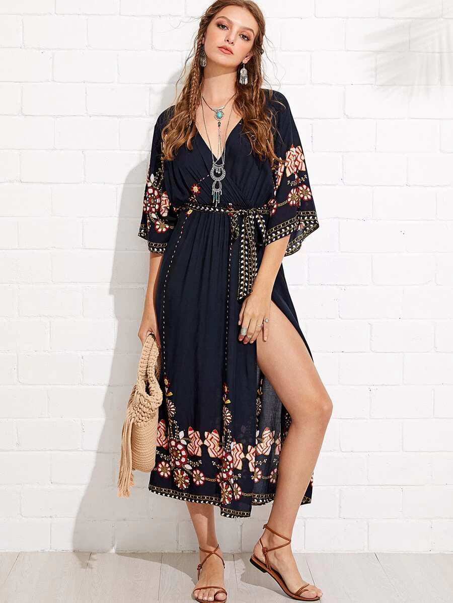 Tribal Print Surplice Belted Split Dress Periwinkley Shop