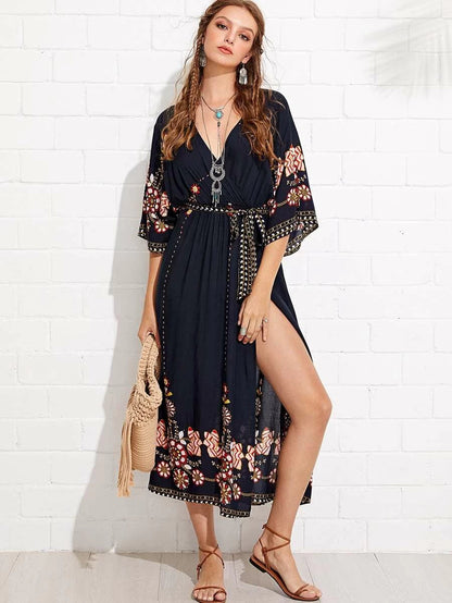 Tribal Print Surplice Belted Split Dress Periwinkley Shop