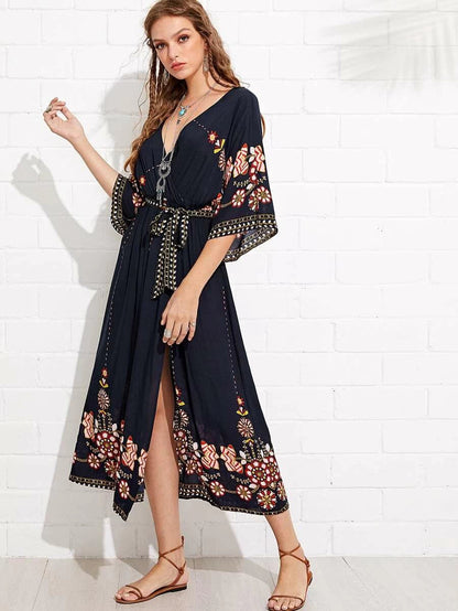 Tribal Print Surplice Belted Split Dress Periwinkley Shop