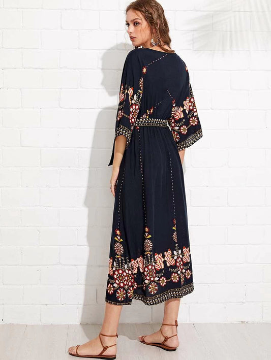 Tribal Print Surplice Belted Split Dress Periwinkley Shop