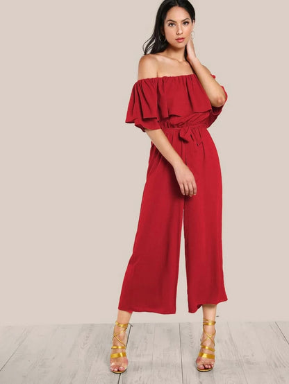 Flounce Off Shoulder Self Tie Culotte Jumpsuit Periwinkley Shop