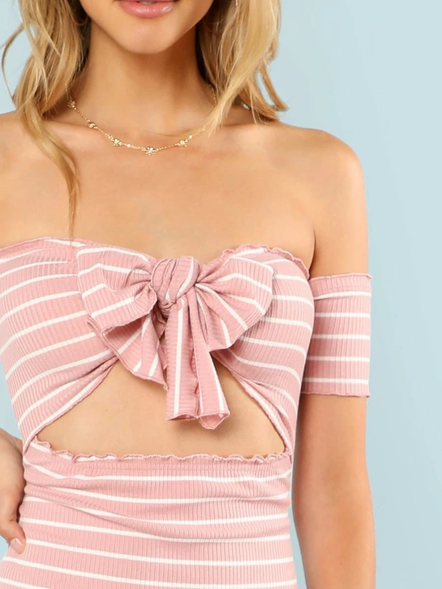Lettuce Edge Knot Front Bardot Striped Dress Periwinkley Shop