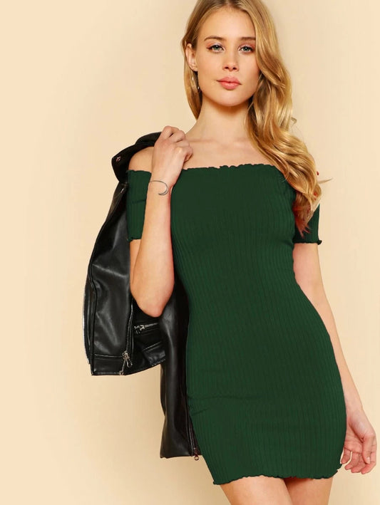 Lettuce Edge Detail Ribbed Bardot Dress Periwinkley Shop
