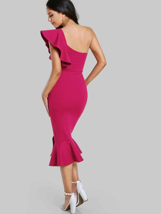 Flounce One Shoulder Slit Fishtail Dress Periwinkley Shop