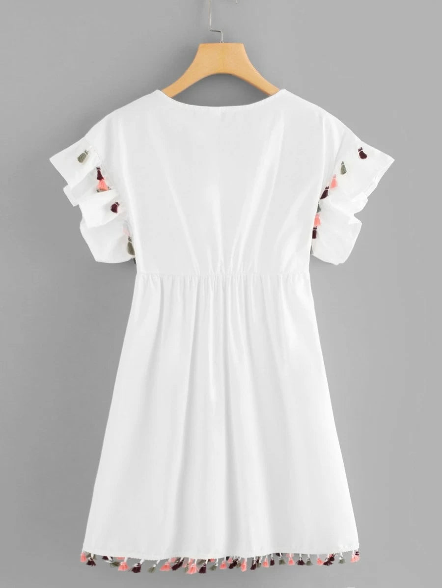 Tassel Trim Embroidered Dress Periwinkley Shop