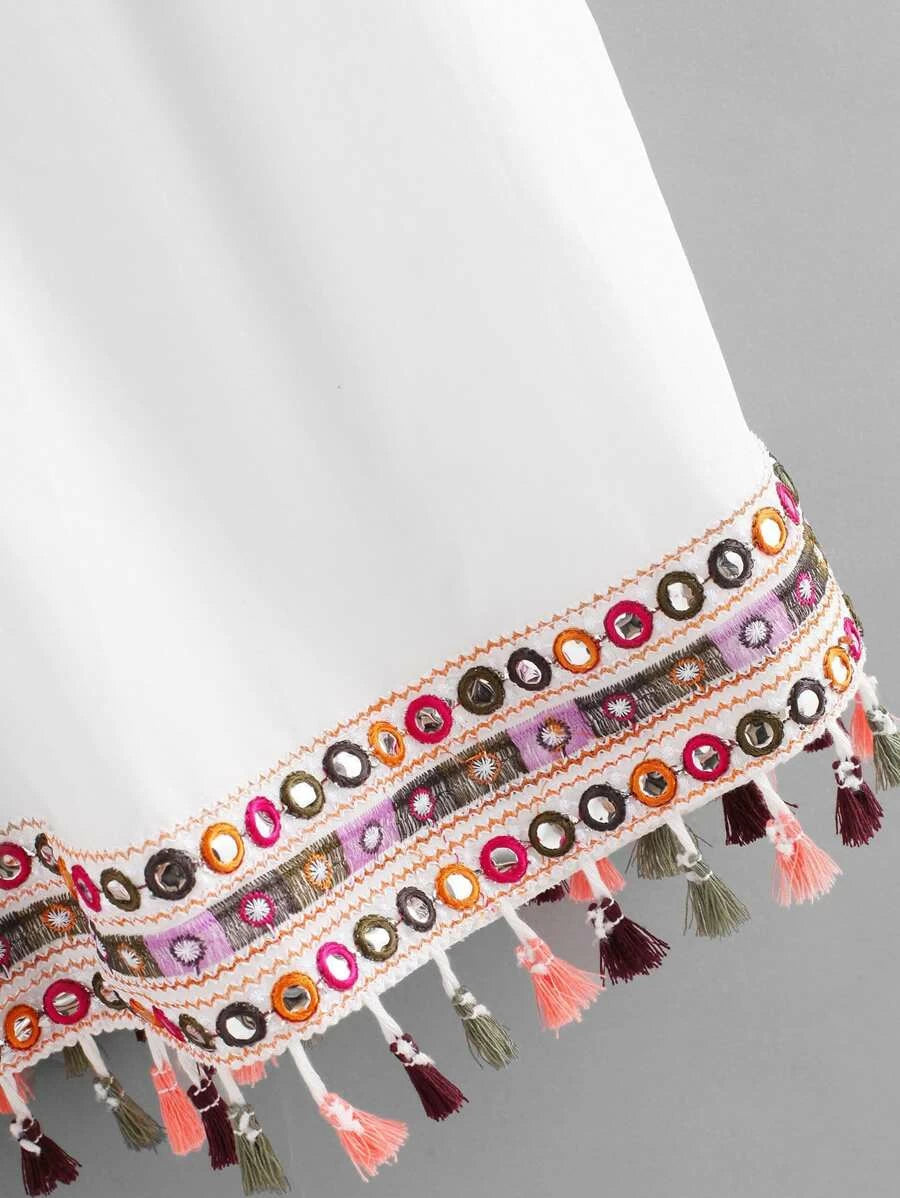 Tassel Trim Embroidered Dress Periwinkley Shop