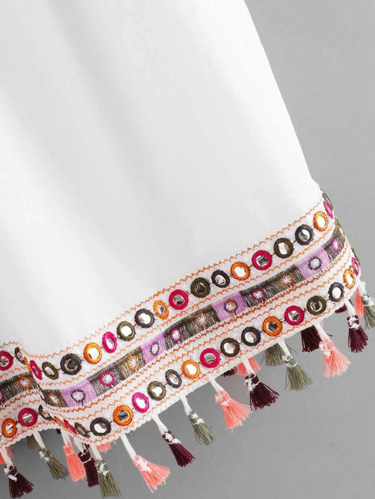 Tassel Trim Embroidered Dress Periwinkley Shop