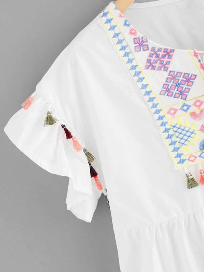 Tassel Trim Embroidered Dress Periwinkley Shop