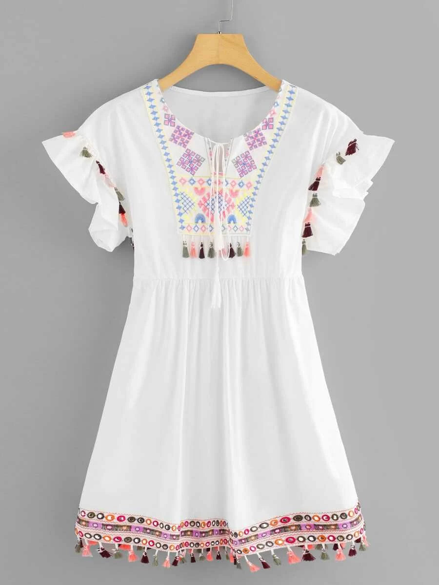 Tassel Trim Embroidered Dress Periwinkley Shop