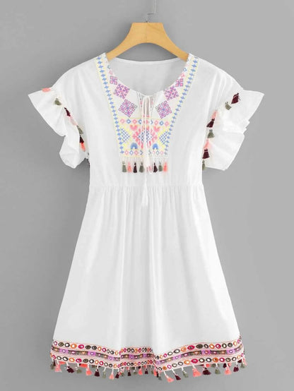 Tassel Trim Embroidered Dress Periwinkley Shop
