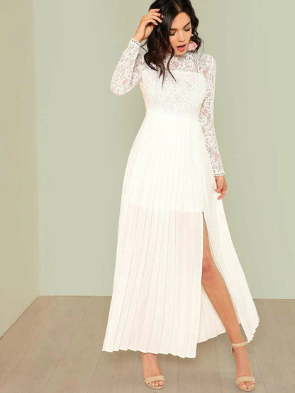 Lace Top Split Side Pleated Prom Dress Periwinkley Shop