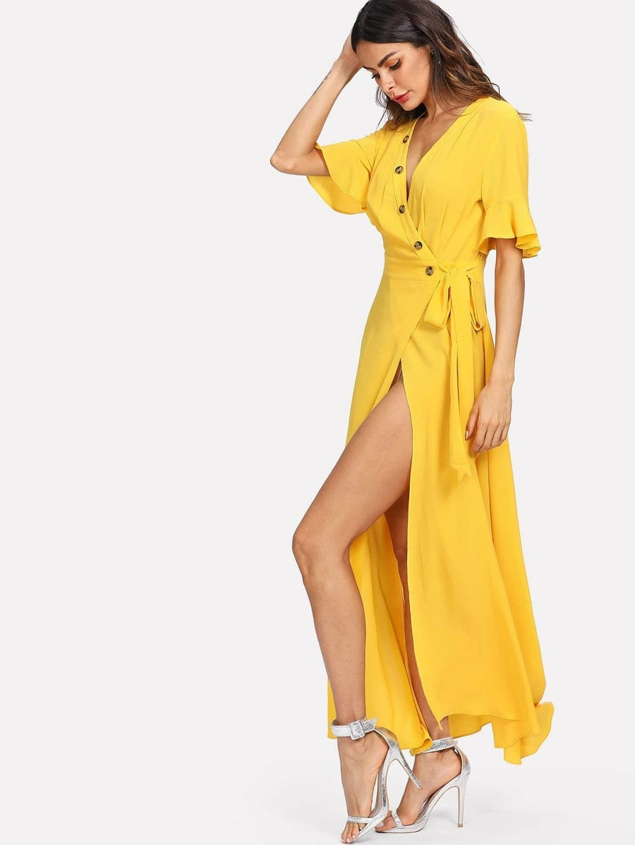 Button Front Bell Sleeve Split Wrap Dress Periwinkley Shop