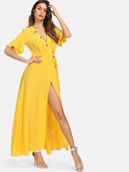 Button Front Bell Sleeve Split Wrap Dress Periwinkley Shop