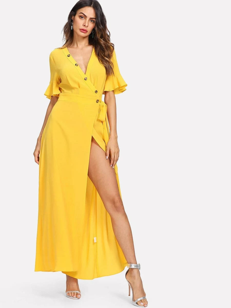 Button Front Bell Sleeve Split Wrap Dress Periwinkley Shop