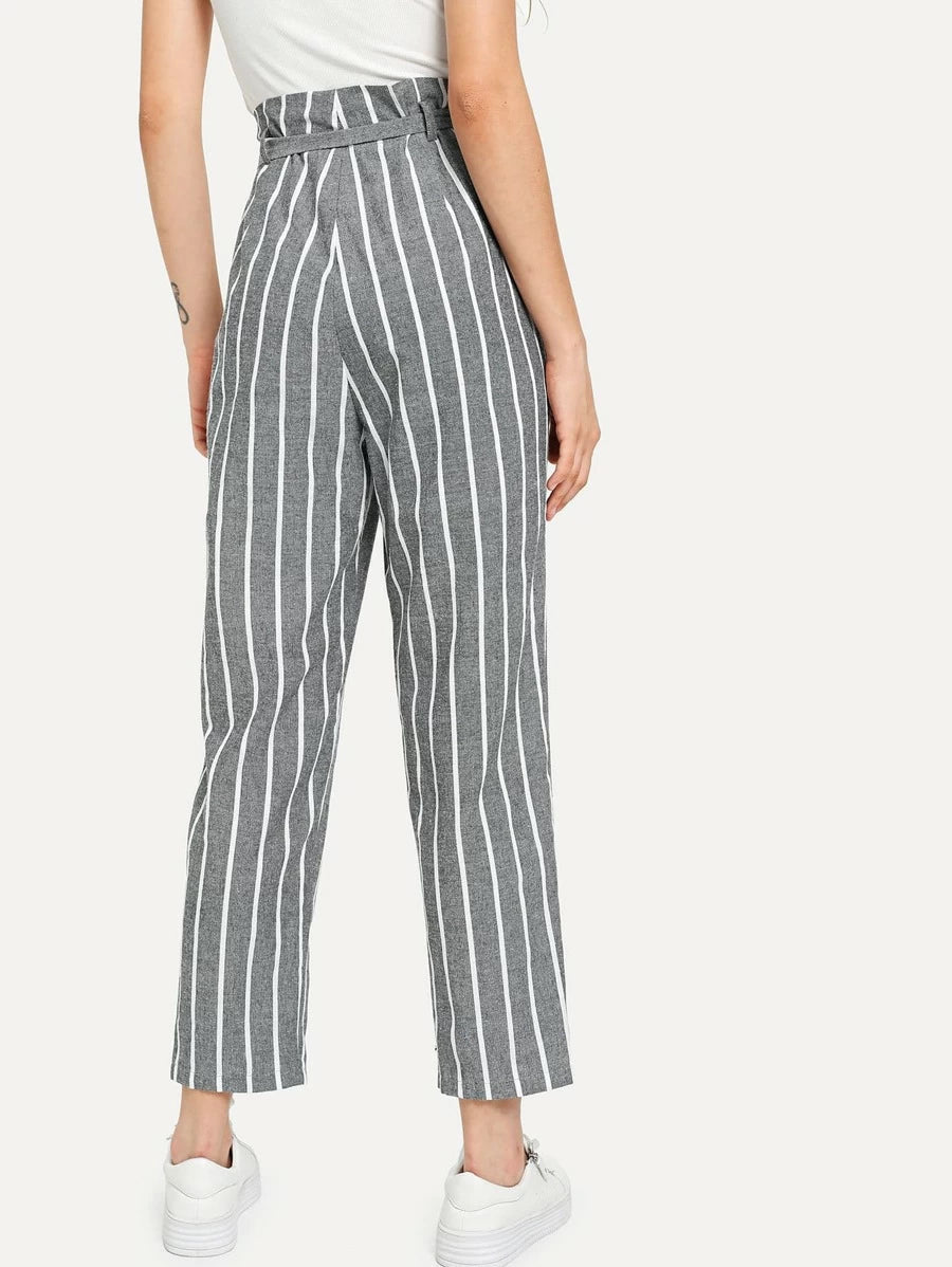 Self Belted Striped Tapered Pants Periwinkley Shop