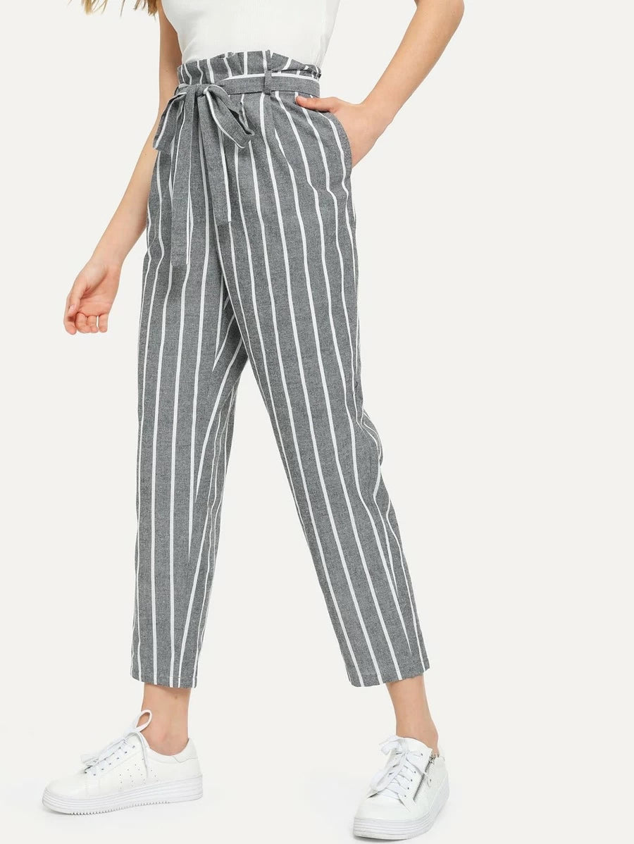 Self Belted Striped Tapered Pants Periwinkley Shop