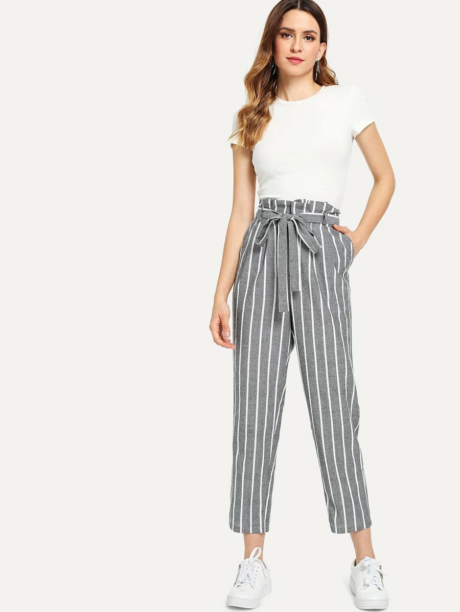 Self Belted Striped Tapered Pants Periwinkley Shop
