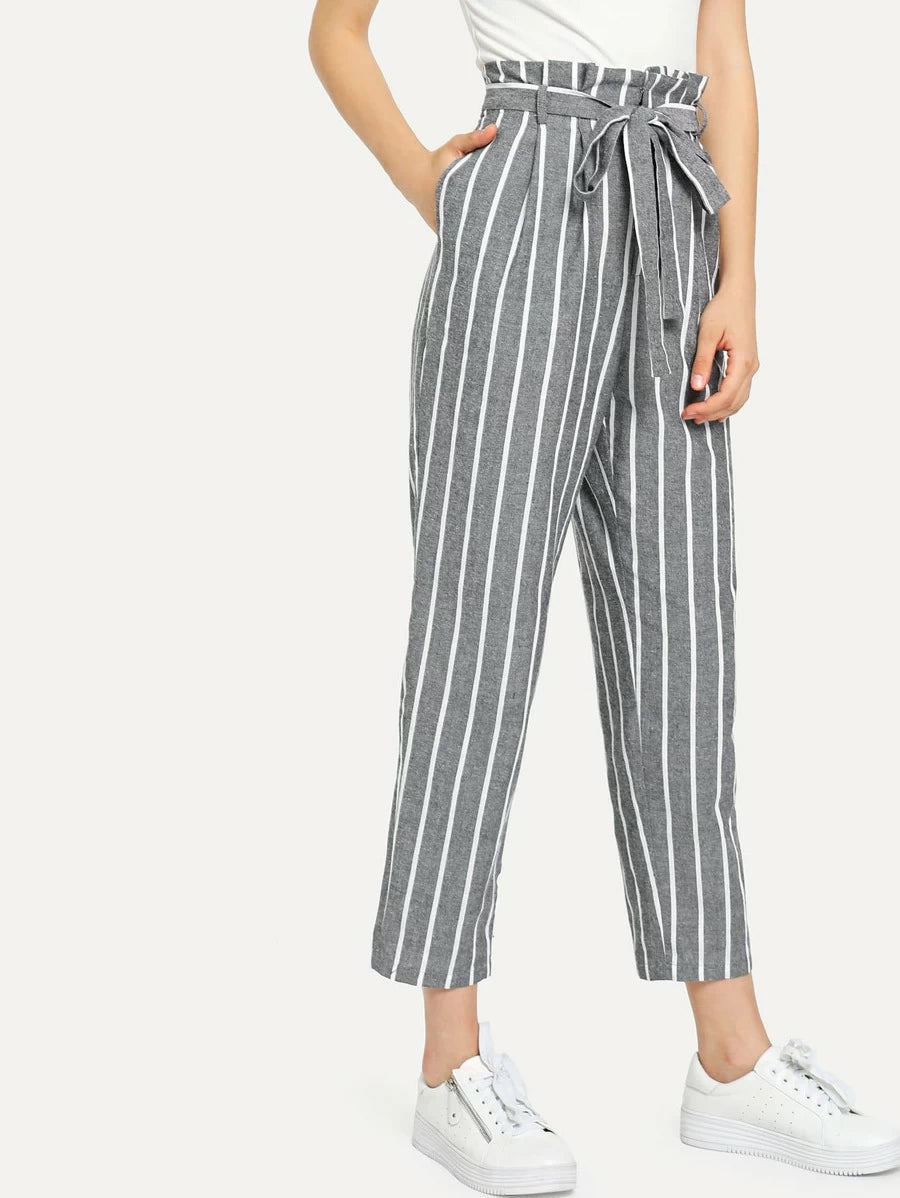Self Belted Striped Tapered Pants Periwinkley Shop