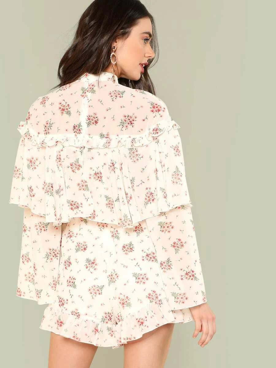 Flounce Embellished Calico Print Romper Periwinkley Shop