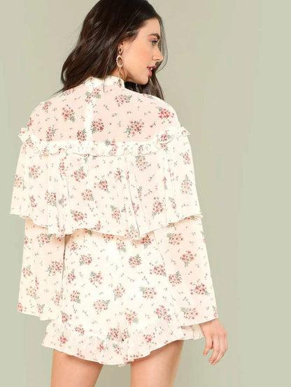 Flounce Embellished Calico Print Romper Periwinkley Shop