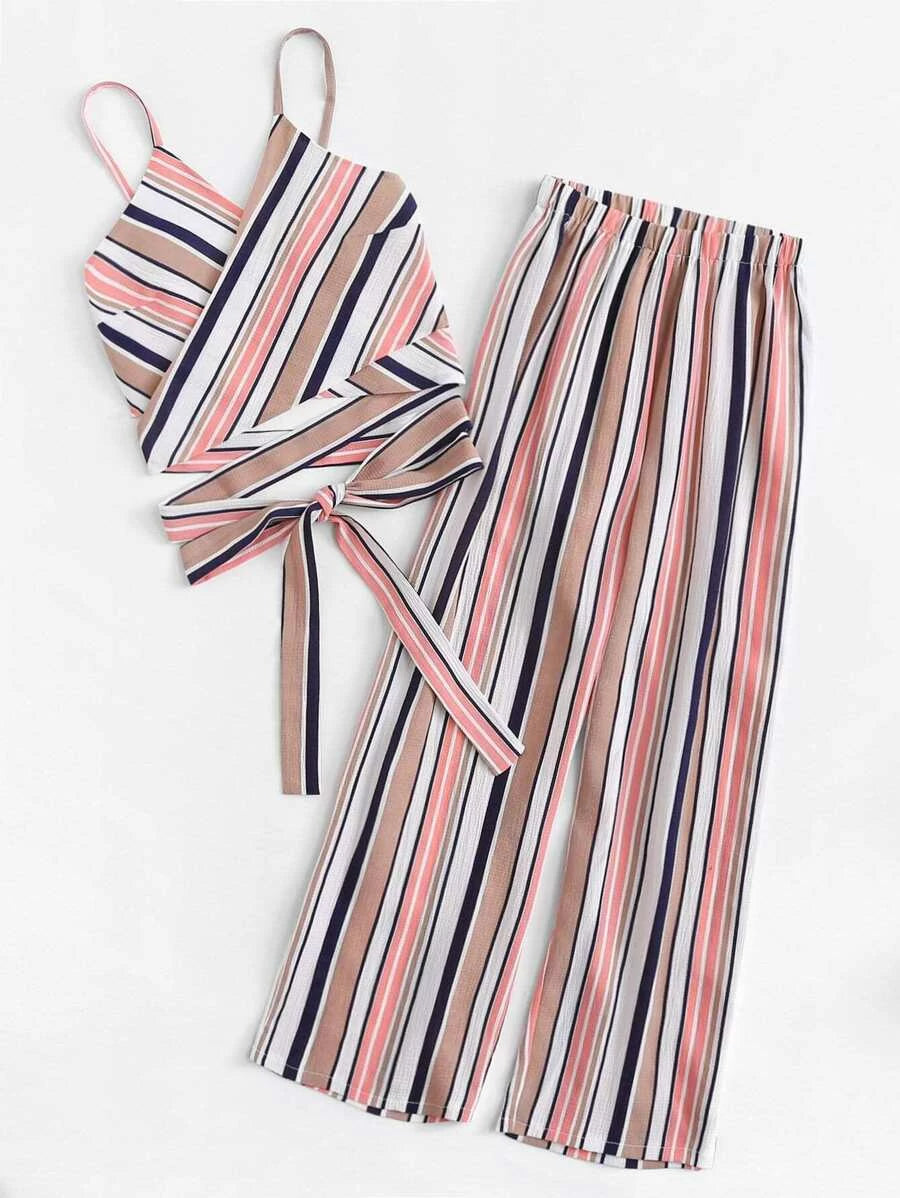Cross Knot Striped Cami With Pants Periwinkley Shop