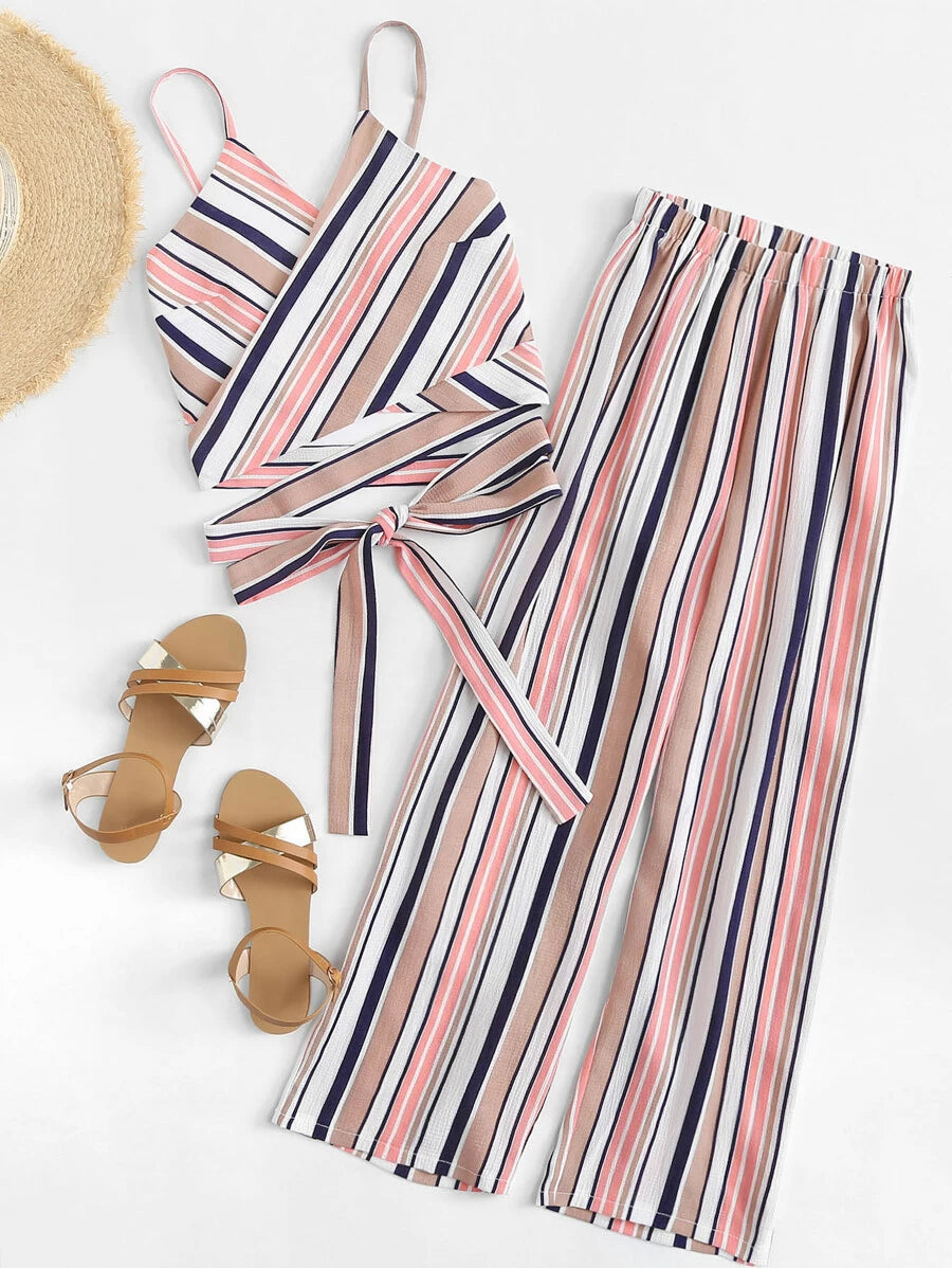Cross Knot Striped Cami With Pants Periwinkley Shop