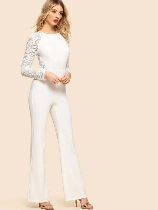 Lace Insert Raglan Sleeve Flare Hem Jumpsuit Periwinkley Shop