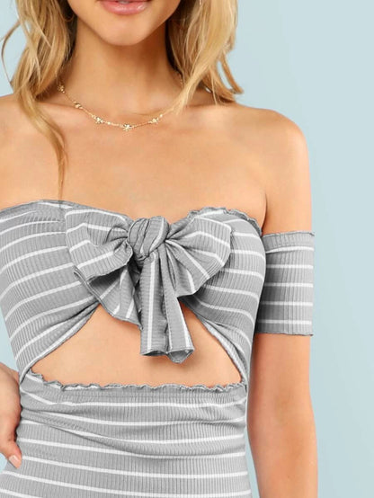Lettuce Edge Knot Front Bardot Striped Dress Periwinkley Shop