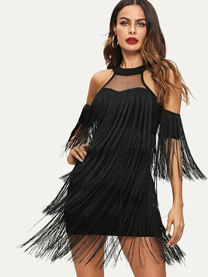 Mesh Yoke Halter Tiered Fringe Mini Dress Periwinkley Shop