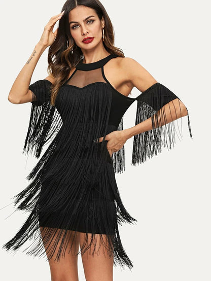 Mesh Yoke Halter Tiered Fringe Mini Dress Periwinkley Shop