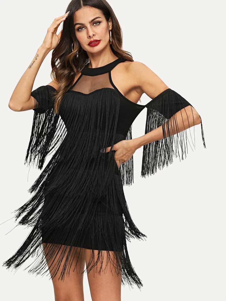 Mesh Yoke Halter Tiered Fringe Mini Dress Periwinkley Shop