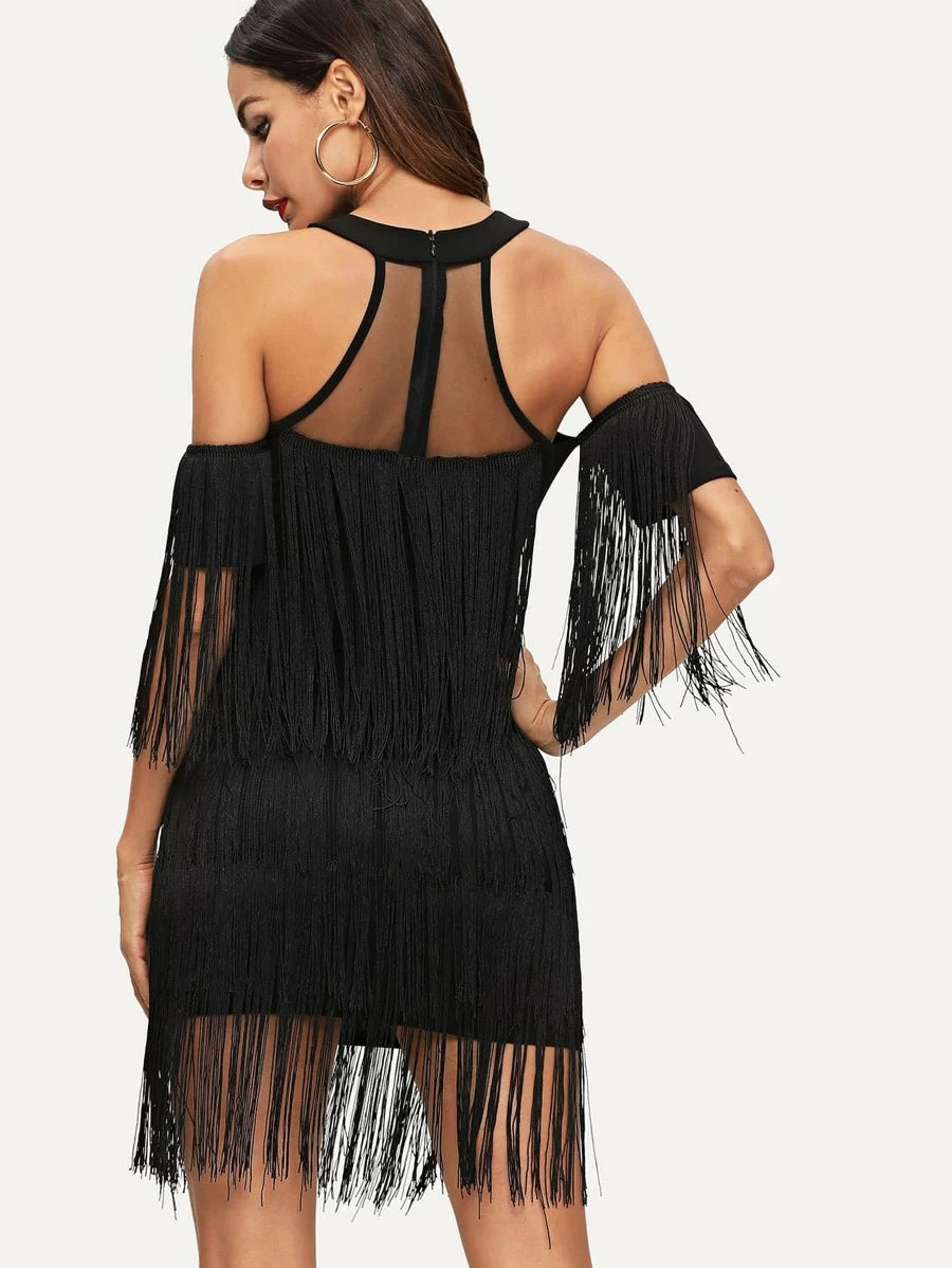 Mesh Yoke Halter Tiered Fringe Mini Dress Periwinkley Shop