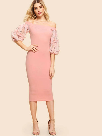 Off Shoulder Embroidery And Flower Applique Sleeve Dress Periwinkley Shop