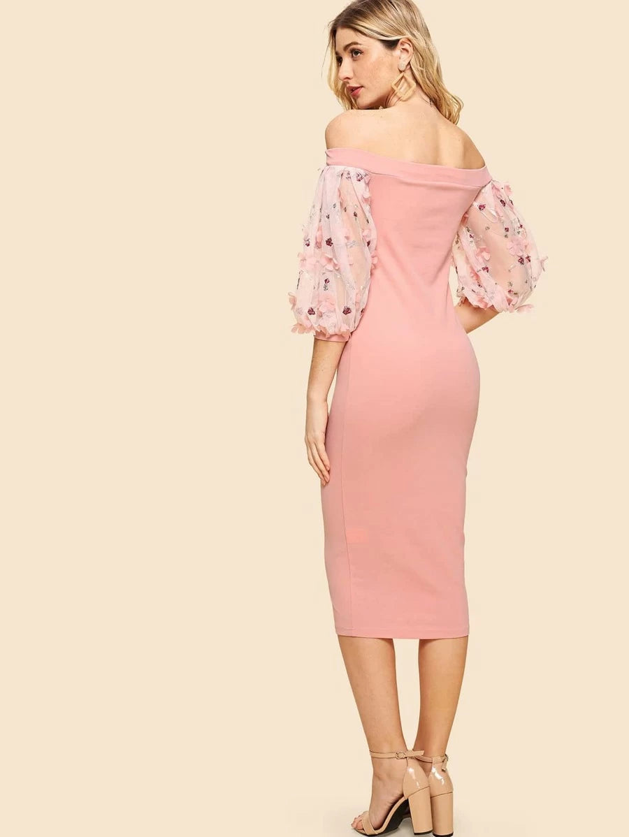 Off Shoulder Embroidery And Flower Applique Sleeve Dress Periwinkley Shop