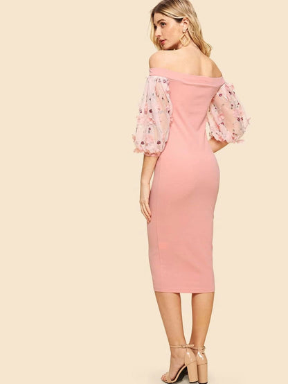 Off Shoulder Embroidery And Flower Applique Sleeve Dress Periwinkley Shop