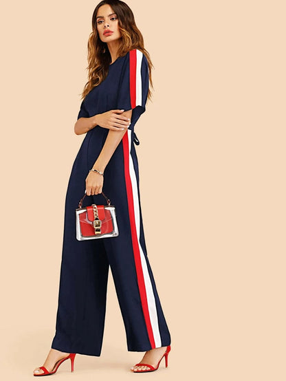 Striped Tape Side Tie Back Jumpsuit Periwinkley Shop