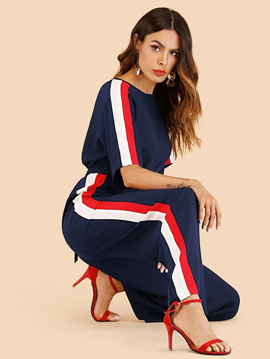 Striped Tape Side Tie Back Jumpsuit Periwinkley Shop