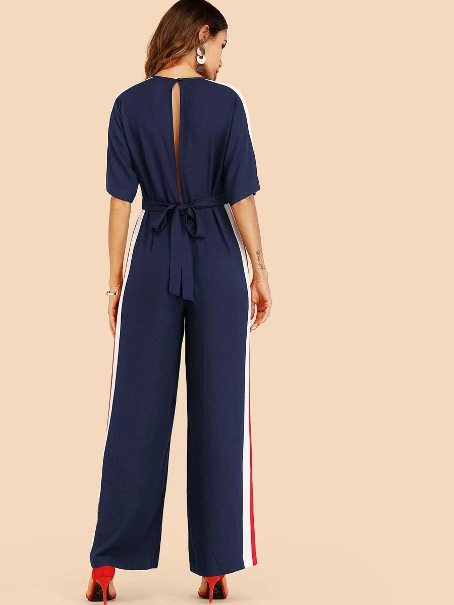 Striped Tape Side Tie Back Jumpsuit Periwinkley Shop