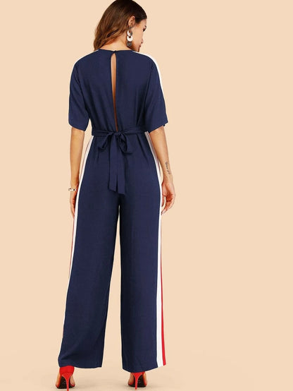 Striped Tape Side Tie Back Jumpsuit Periwinkley Shop