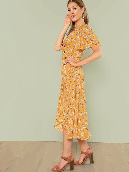 Button Front Slit Hem Dress Periwinkley Shop