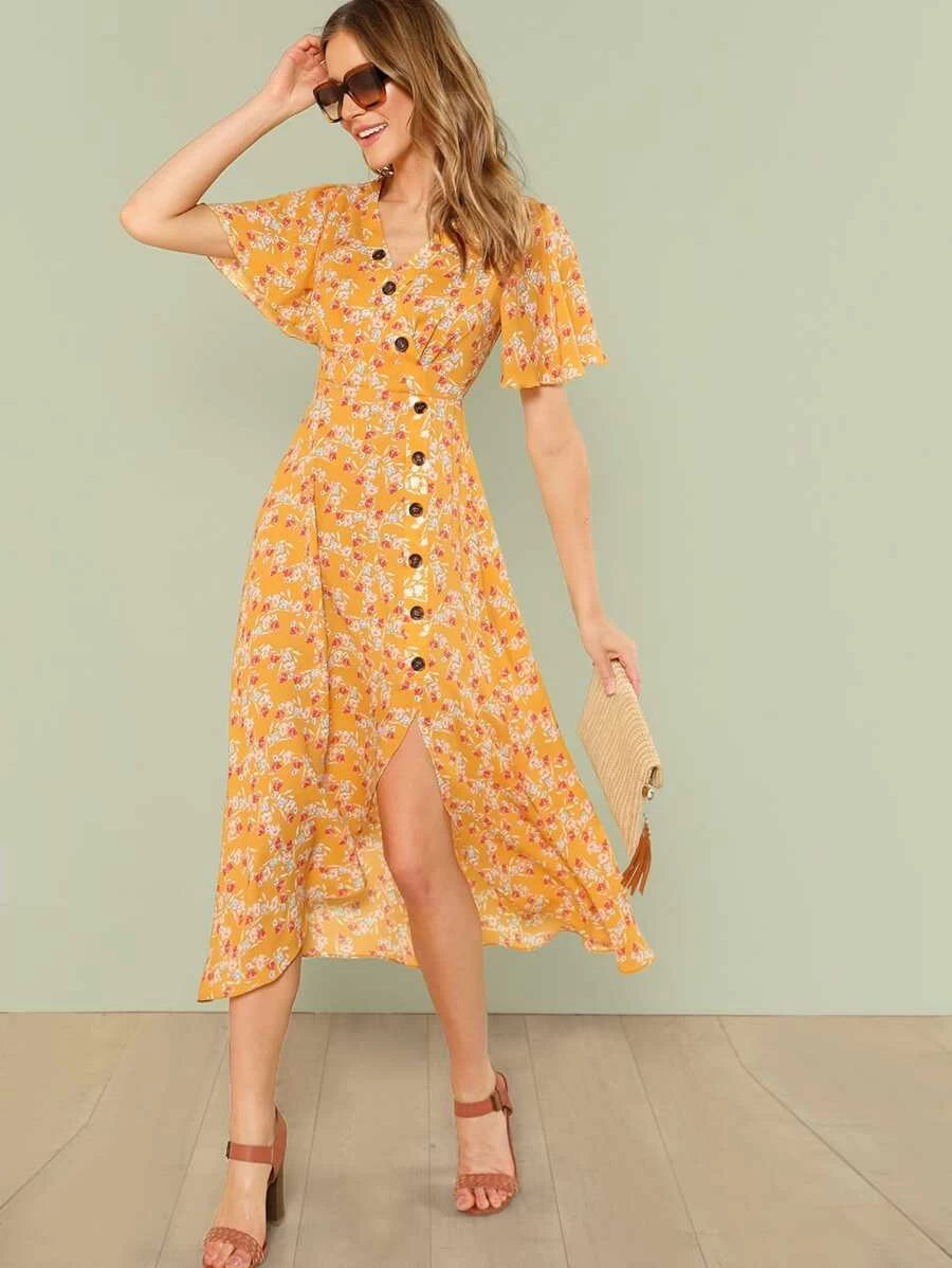 Button Front Slit Hem Dress Periwinkley Shop