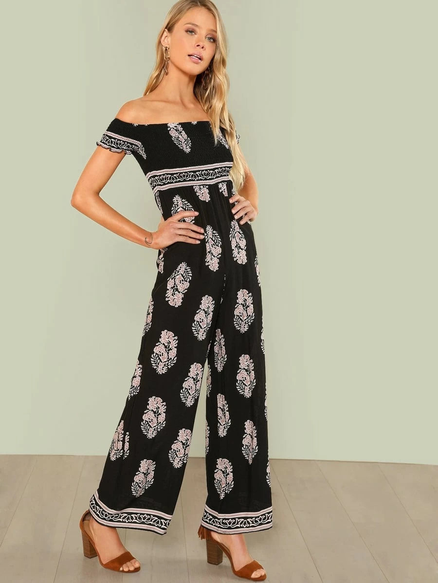 Leaf Print Shirred Bodice Off Shoulder Jumpsuit Periwinkley Shop