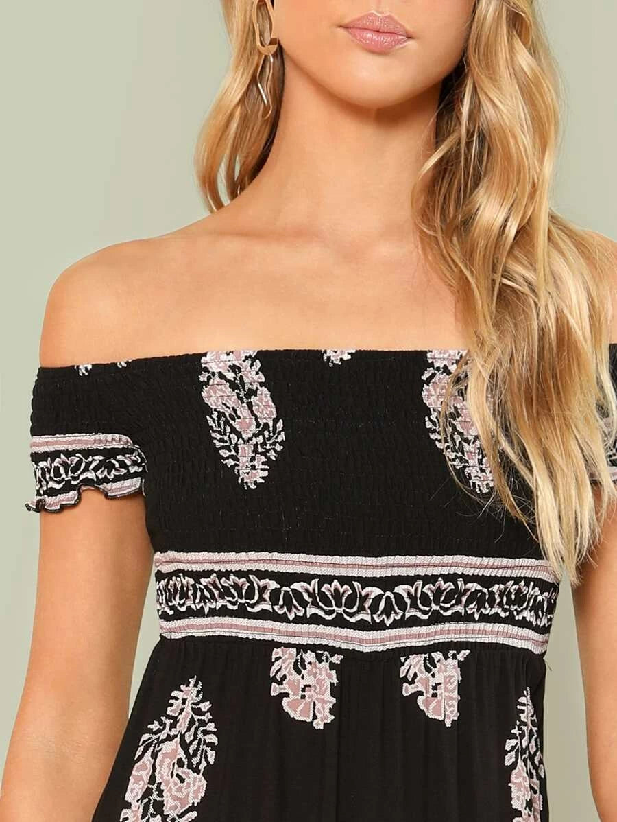 Leaf Print Shirred Bodice Off Shoulder Jumpsuit Periwinkley Shop