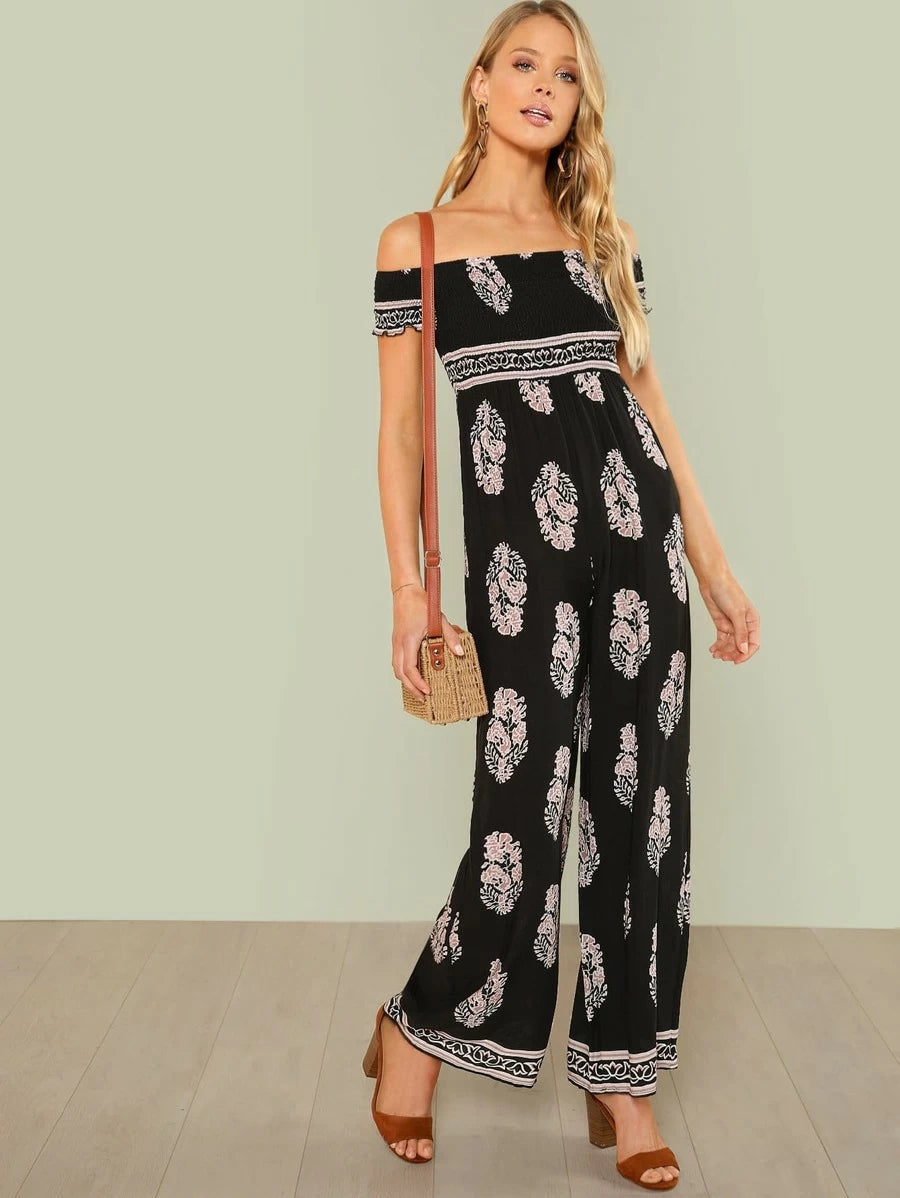 Leaf Print Shirred Bodice Off Shoulder Jumpsuit Periwinkley Shop