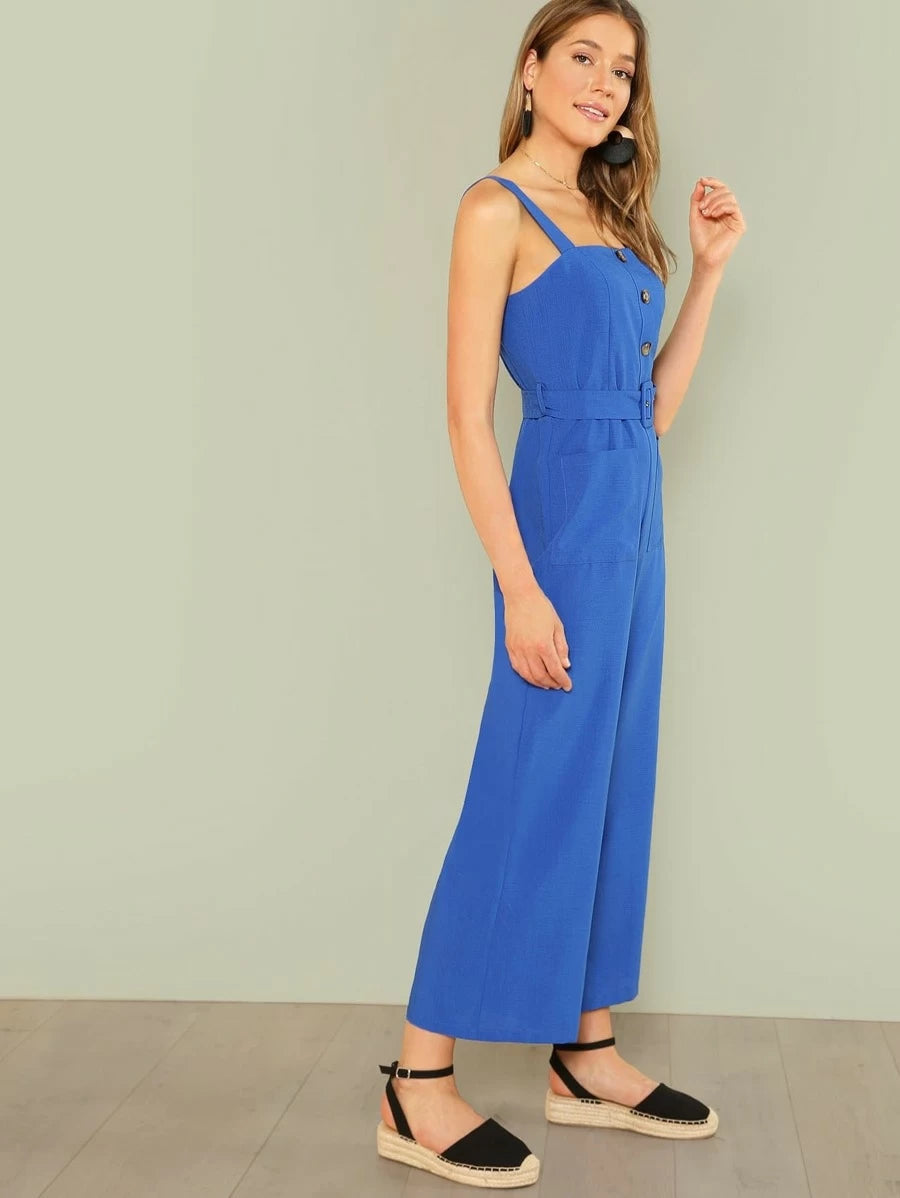 Button Up Wide Leg Strap Jumpsuit Periwinkley Shop