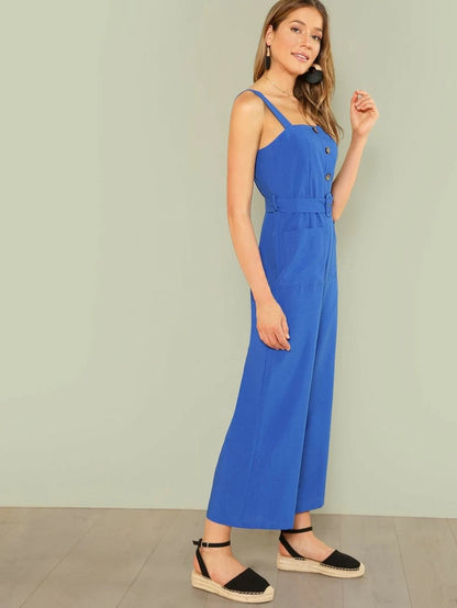 Button Up Wide Leg Strap Jumpsuit Periwinkley Shop