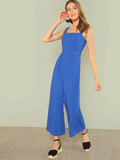 Button Up Wide Leg Strap Jumpsuit Periwinkley Shop