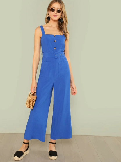 Button Up Wide Leg Strap Jumpsuit Periwinkley Shop